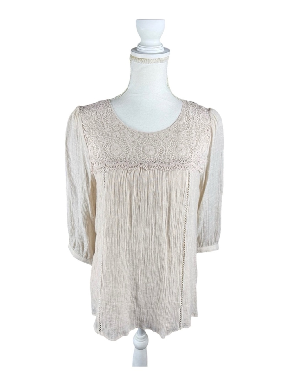 Figueroa & Flower Cream/Tan Peasant Blouse 3/4 Sleeves Lined